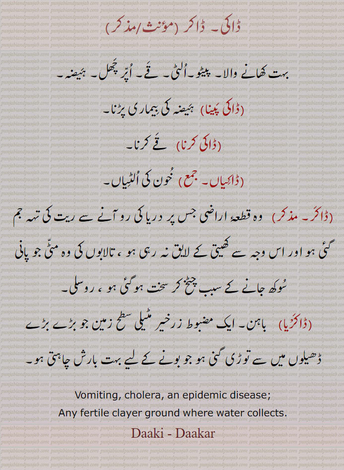 Daaki. daakar. vomiting. cholera. epidemic. disease. ڈاکڑیا۔ صاکر۔ ڈاکیاں۔ ڈاکی کرنا۔ ڈاکی پینا۔ڈاکر۔ ڈاکی