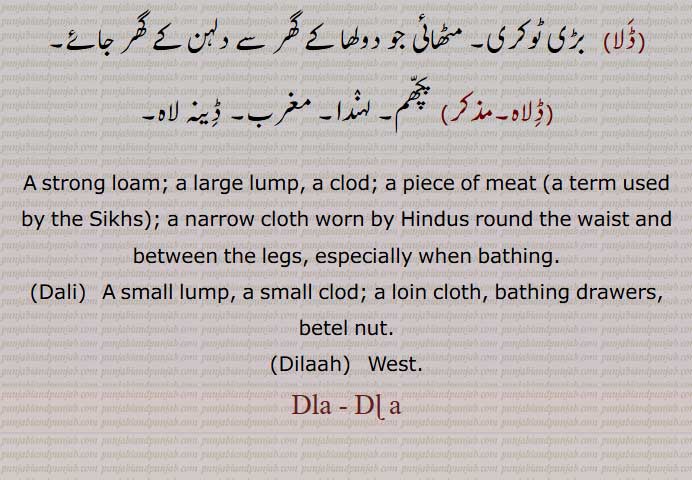 ڈلا , dala ,  ਦਲਾ, ਡਲੀ ,dali, ڈلی ,loam. lump. clod. pice of meat. narrow cloth worn hindus between legs when bathing. betel nut. west. ڈلاہ۔ لہندا۔ ٹوکری۔ مکار۔ پھپھے کٹنی۔تربوز کی پھاڑی۔ لنگوٹی۔ کچھا۔ دھوتی۔ گوشت کا ٹکڑا۔ کلوخ۔سینے کا زخم۔ بوجھ۔ ڈلھ۔ موٹا ٹکڑا۔ مکر۔ روڑا۔ ڈھیم۔ ڈھما۔ 
 
 
