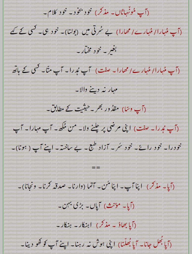 ,  آپوں وچ وانڑی, آپوں وچ ہانڑی,آپو آپنی چلانا, آپو دھاپ, آپوں دھاپ, آپو دھاپنا, آپو دھراپنا, آپو دھائی , آپا دھاپی,آپوں, آپوں, آپو, آپوں ہی آپوں, آپے,آپ آپ,آپورماں, آپوڑی, آپوؤنجانا,