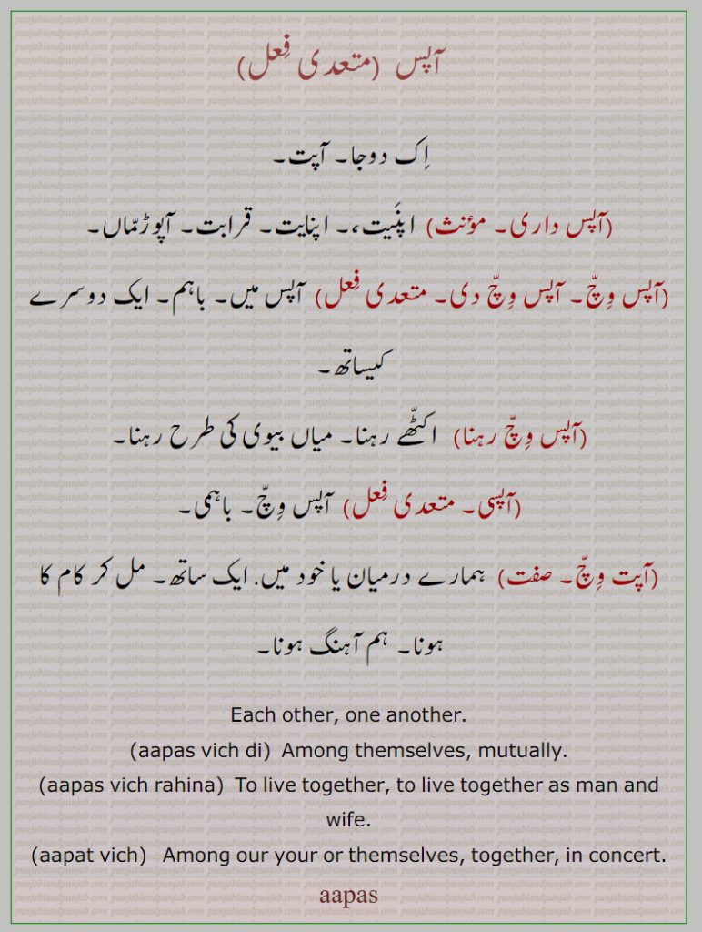 آپس,آپت,aapas, ,aapas vich rahina,aapat vich,aapas vich di, , ਆਪਸ ,آپس، آپس وچ، آپس وچ رہنا،آپت وچ،آپسی، آپس داری ,each other. mutually. together