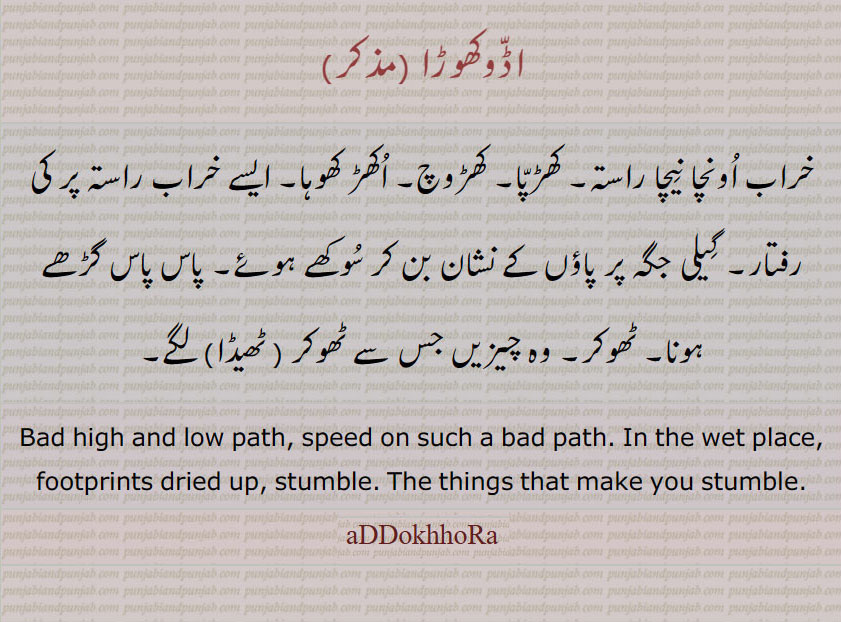  addokhhora,  اڈّوکھوڑا ,addokhora,ਅੱਡੋਖੜਾ,high and low path. wet place.stumble  , خراب راستہ, کھڑپا, کھڑوچ, اکھڑ کھوہا, 