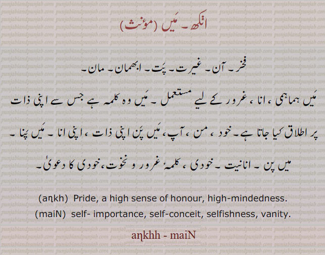  انکھ, میں , ankh, ਅਣਖ, maiN, ਮੈਂ , غیرت , آن, پت, مان, خودی   , pride, self, honour, vanity, 