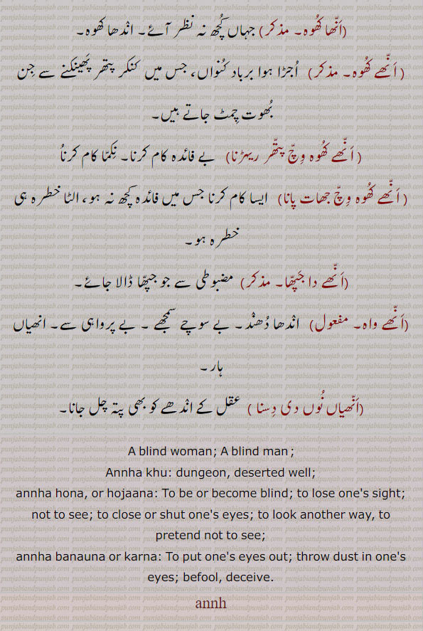 انھ, انھا,انھی,annha,ਅਨਾੱ,annhi,ਅੱਨੀ, blind, dungeon, put ones eyes out, befool, deceive, lose one s sight, deserted well, 