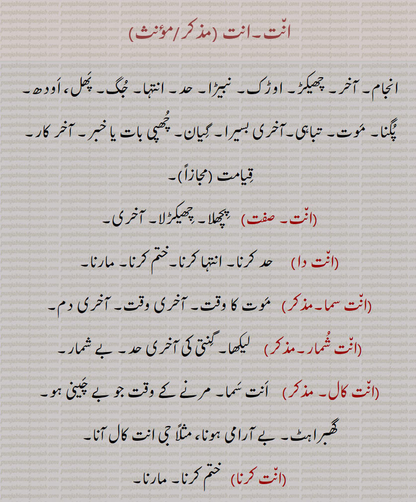      انت ,ant, ਅੰਤ,ਅਨਤ,انت,ان٘ت دا,ان٘ت شُمار,ان٘ت کال,ان٘ت کرنا,ان٘ت کال,ان٘ت کرِیا,ان٘ت لَینا,گِھننا,ان٘ت متا,ان٘ت نُوں,ان٘ت نہ آنا,ان٘ت وِچ,ان٘ت ویلا,ان٘تا کرن,ان٘تلا,ان٘تاں چانِیاں,ان٘تاں دا,ان٘تی بِیڑا,ان٘تی جوآ/ جوگا, 