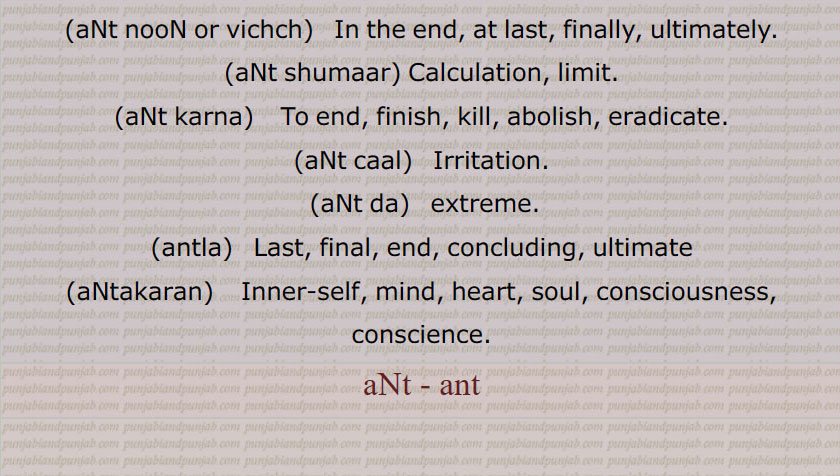 ant kaaal or samen or wele, ant noon or vichch, ant shumaar, ant samaan ant caal, ਅੰਤ ਸਮਾਂ ਅੰਤ ਕਾਲ , ant karna,  ਅੰਤ ਕਰਨਾ, ant caal, ਅੰਤਕਾਲ, ant da, ਅੰਤ ਦਾ  extreme, antla, ਅੰਤਲਾ,  Last, final, end, concluding, aNtakaran,  ਅੰਤਾਕਰਨ , conscience,  ਅੰਤ, ant, ਅਨਤ,end, extremity, result, last time, kill, irritation,final, concluding, soul, inner self, ultimatexonscience, finish,limit