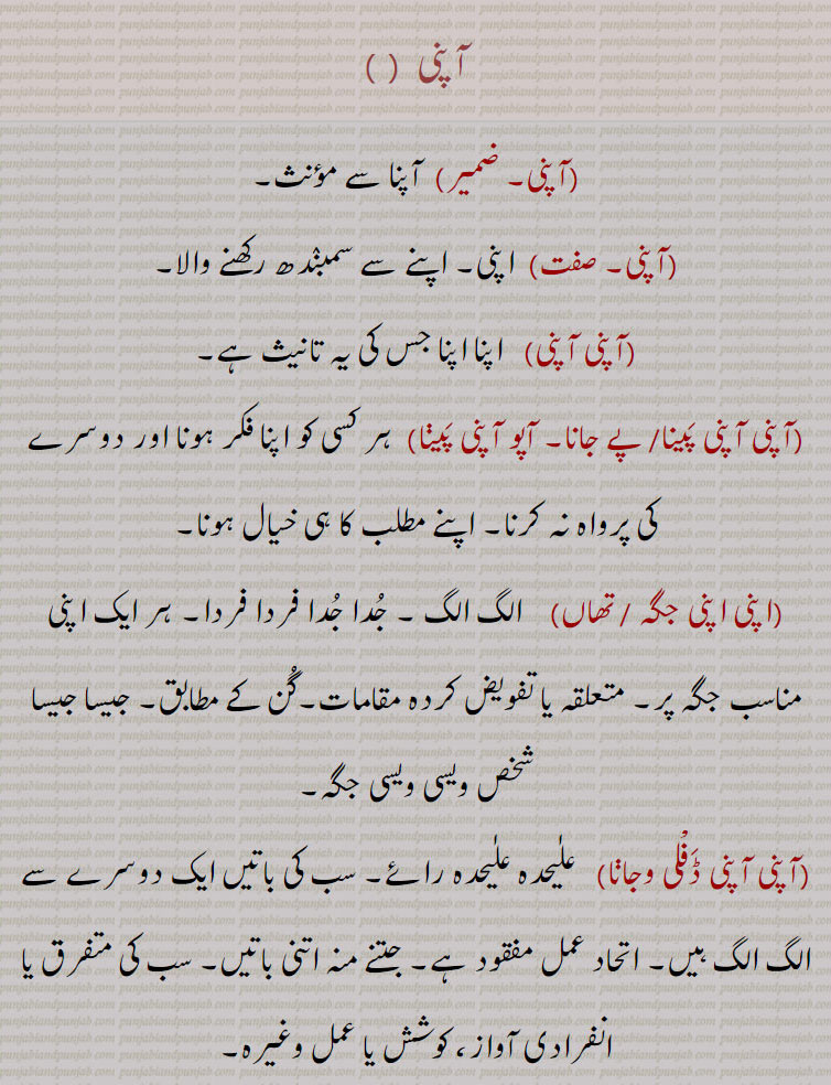 
آپنی سدھ آپ لینا, آپنی نیندے سونا تے آپنی نیندے اٹھنا ,آپنی گل رکھنا, آپنی بات کا پکا ہونا, آپنی مرضی,آپنی کرنا,آپنی کیتی آپ چانا, آپنی کرنی بھرنا, آپنا کیتا پانا,آپنی وَلوں،آپنی ہائی تے آنا،آپنی ہی مارے جانا ,آپنیاں تے آنا،آپنیاں تے جانا,آپنیاں وچ،آپنیاں وچ رلڽا،اپنی ولو،اپنی ڈھائی پا کھچری الگ پکاڽی،اپنی نیند سونا,اپنی نیند سونا تے اپنی نیند اٹھنا,اپنی اپنی پیڽی, اپنی آبرو اَپنے ہتھ،اپنی بیتی, اپنی پگڑی اَپنے ہتھ,اپنی آگ,اپنی تقدیِر نوں رونا,
