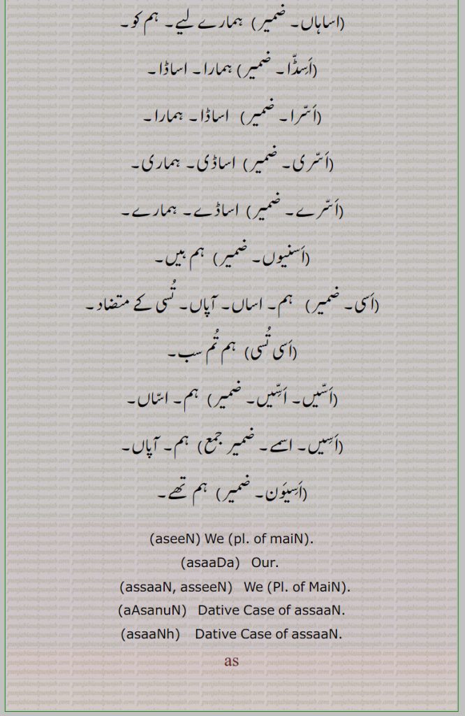  اسیں  ,اس تس,اسیں تسیں,اساڈا, اساڈڑا, اساڑا ,اساں,اساں کوں,اساں کی,اساں ول,اسانوں,اسانہہ,اسانہجی,اساہنجی,اساہاں,اسرا,اسری,اسرے,اسنیوں,اسی,اسی تسی,اسیں, اسیں,اسیں, اسمے,اسیون,, ,as,ਅਸ,aseen,ਅਸੀਂ,asaada,assaan,asseen,ਅਸਾਂ,asanun,asaanh,we, our, main,  