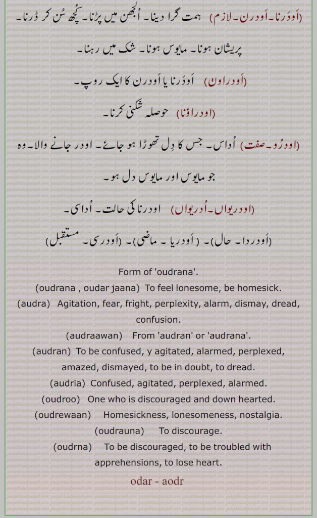  اودر,اودر, ادر,اودر جانا,اودر ونجنا,اودرا, الجھن,اودرانا, اداس,اودرنا, پریشان,اودراون,اودراؤنا,اودرو,مایوس,اودریواں,ادریواں,اودردا, اودریا ,اودرسی,,oudrana , odar jaana, ਓਦਰਨਾ, ਓਦਰ ਜਾਣਾ ,audra, confusion,audrawan,audran, confused,audria,odroo,   ਓਦਰੂ,udrewaan,  ਉਦਰੇਵਾਂ,oudrauna,   ਓਦਰਾਉਣਾ ,oudrna,   ਓਦਰਣਾ ,odar , audr , ਓਦਰ, ਓਦਰਨਾ,be homesick, to lose heart, to discourage, 