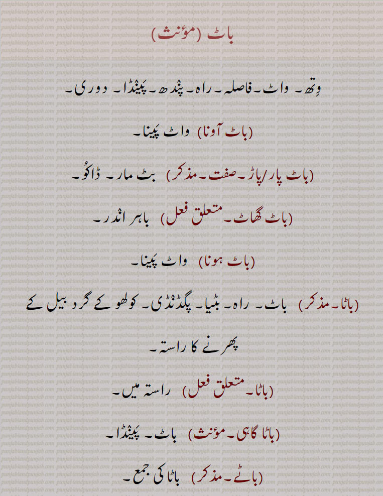  باٹ  baat ,ਬਾਟ, baata,ਬਾਟਾ, baatta, ਬਾਟਾੱ ,baati,ਬਾਟਾ,باٹی  باٹا ,باٹ آونا,باٹ پار/پاڑ,باٹ گھاٹ,باٹ ہونا,باٹا گاہی,باٹے,باٹاں بننا,باٹلی,باٹے گھاٹ,باٹنا,, وتھ۔ دوری۔ پینڈا۔ فاصلہ۔ ڈاکو۔ بٹ مار۔ واٹ پینا۔ پگڈنڈی۔ کولھو کے گرد بیل۔ باٹا کی جمع۔ ضائعیں واٹ مارنا۔ راسہ۔ گلی۔بھات۔ جانور کا ابلا غلہ۔ باٹنا۔ تقسیم۔ بانٹنا۔ درخت کا پھول۔ بغیر پتوں کے جھاڑی۔ کریر کا سبز پھل۔ سرخ پینجو۔ توت کا کچا پھل۔ کرڑی۔ چوڑا پیتل کا لوہے کا برتن۔ چھنا۔ چھوٹا باتا۔ وٹی۔ باٹی۔ فوجی کے لیے رسد ۔ brass basin. green fruit. kara. leafless shrub. metal dish. 