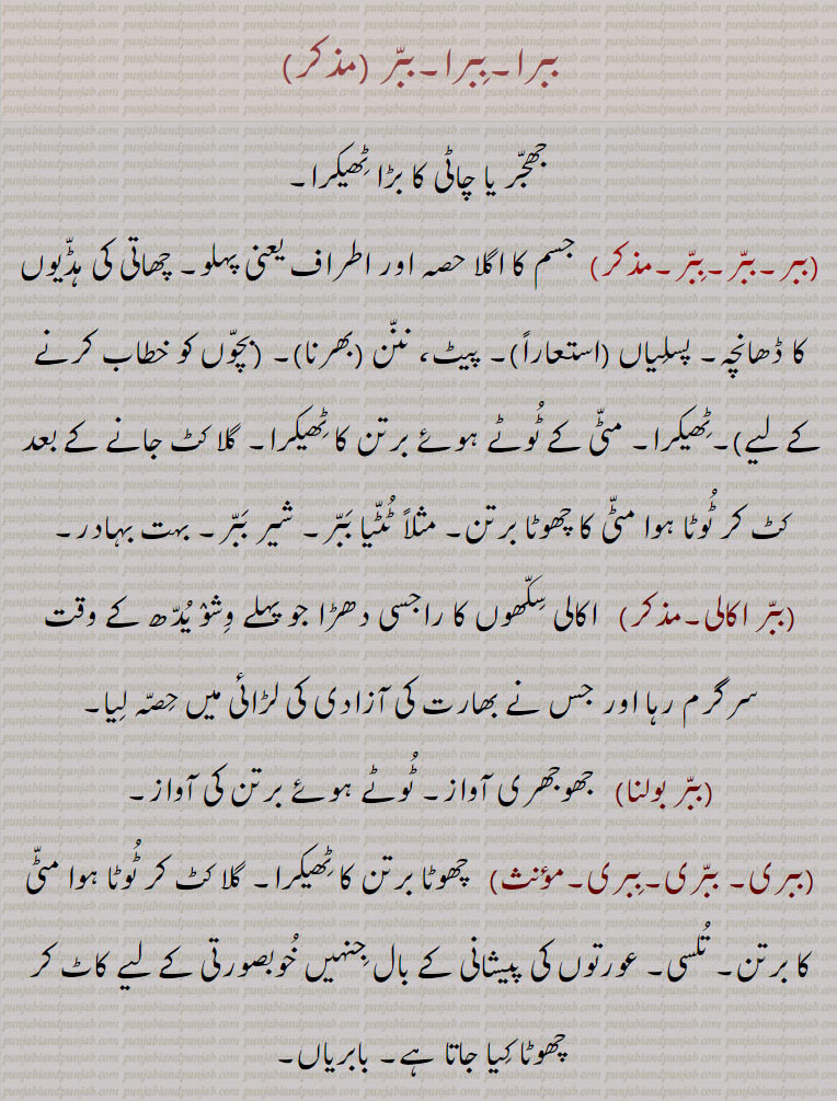     ببرا,ببر اکالی ,ببر بولنا,ببری ,ببریاں ہونا, کھوکھلیاں ہونا, babri, babbri, bibri,babbar, babra, babbar,,babra - babbar, ਬਬੱਰ, a large bit of broken vessel. 