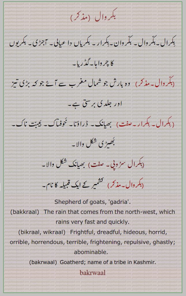 ਬਕਰਵਾਲ, ਵਿਕਰਾਲ,  ਬਿਕਰਾਲ,
 name of a tribe in Kashmir , wikraal. bikraal, Vikaral, Vikaraal, wikral. bikral, shepherd. gadria. rain. from north west. frightful. horrid. abominable
     bakraal , ਬਕਰਾਲ , ਬੱਕਰਾਲ, بکرال,بکروال, بکروان,بکرار,,گڈریا,بکروال, ڈراؤنا,بکرال سروپی,bakkraal,bikraal, wikraal,  ਬਿਕਰਾਲ, ਵਿਕਰਾਲ,Frightful,terrible,, بھیانک۔ قبیلہ کشمیر۔ بارش شمال مغرب سے، چرواہا۔آجڑی۔ عیالی۔