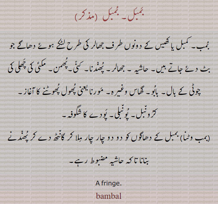 bambal ,بمبل ,ਬੁੰਬਲ,ਬੰਬਲ, بمب, جھالر ھیسس کی, حاشیہ, پھندنا, کنی, پھمن, چھلی کی چوٹی, بابو, گھاس, کرونبل, پونبلی, شگوفہ, بمب وٹنا, ,fringe,