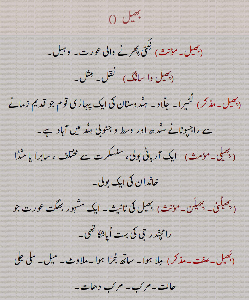    بھیل ,بِھیل دا سانٛگ,بِھیلی, بِھیلْنی, بِھیلَن,بَھیل,بھیلا,بھیلّی,بھیلّی دینا,بھیال,بھیلڑ,,بھیلڑی,bhel, ਭੀਲ, bhelani, ਭੀਲਣੀ, bhela, Buttermilk, bhella, ਭੇਲਾੱ , cake of guR, bhelli,ਭੇੱਲੀ,bhela bheli, ਭੇਲਾ,  ਭੇਲੀ , bhelaR, ਭੇਲੜ , beR,  ਬੇੜ, bhel, ਭੇਲ , bhela, ਭੇਲਾ,  ڈھیلا مٹی گڑ۔ گنے کا آگ۔تعڑی کا کپ۔ لج کا ٹکڑا۔ڈھما۔ ڈھیلہ۔ تودہ۔ پنڈا۔ رامچندر کی۔ اُپاشکاتھی۔ سابرا۔ منڈا بولی۔ ۔ بھگت عورت۔ مثل۔ نقل وہیل نکمی عورت۔ملی جلی۔ مرکب دھات۔aboriginmal tribe. butter milk. lump. rope of straw. ber. لسی۔ چھاچھ۔ ملا جلا۔ میل۔ ملاوٹ۔