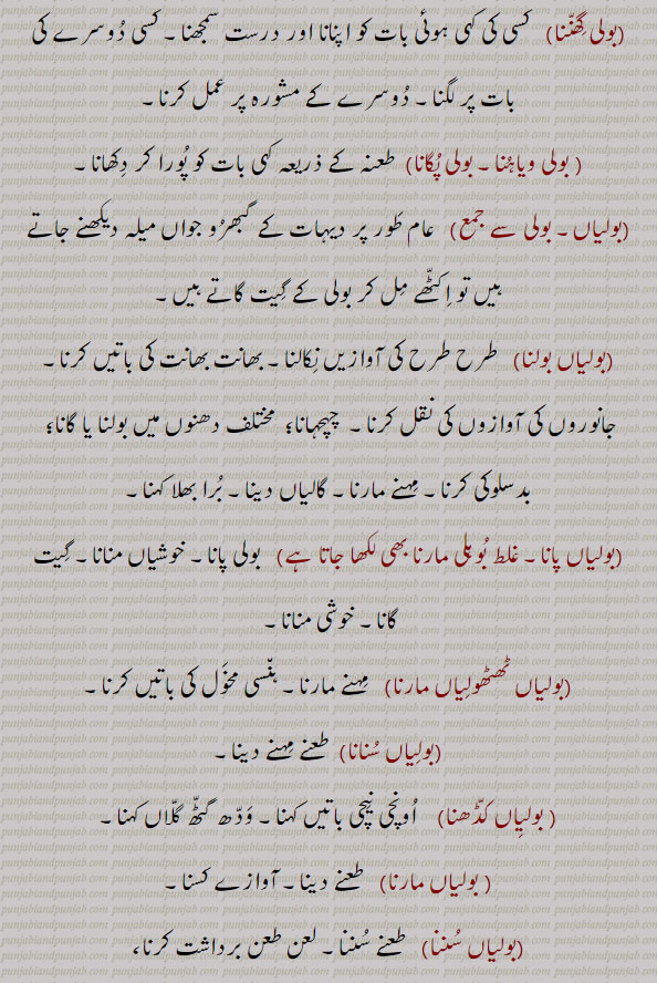 بولی,بولی دینا,بولی ڈیونا,بولی کھانا,بولی مارنا
,بولی لاؤنا,بولی ٹھولی,بولی ٹھٹھولی,بولی باز,بولی بلنا,بولی بولنا,بولی پانا,بولی تے آؤنا,بولی ٹٹنا,بولی چڑھنا,بولی چکنا,بولی ڈگنا,بولی کھا جانا,بولی کے آکھنا
,بولی گھننا,بولی ویاہنا,بولی پگانا,بولیاں بولنا, بولیاں پانا,غلط بوہلی ، ارنا,بولیاں ٹھٹھولیاں مارنا,بولیاں سنانا,بولیاں کڈھنا,بولیاں مارنا,بولیاں سننا,بولیا چلیا معاف کرنا,bolli,boli, bollee, ਬੋੱਲੀ , bolli khani. bollee maarnee, bollee marna. bolli ththalli. bolliyan bolna. bolliyaan, hint, word, language, revilling. jeer. taunt. bid. revile. ridicule. chirp. speak