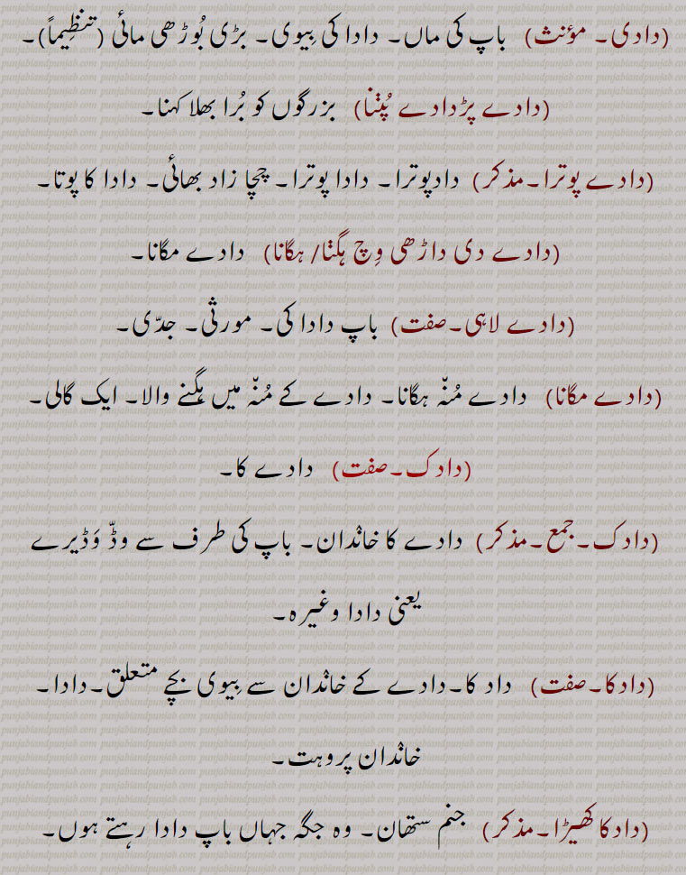 daada  ,ਦਾਦਾ ,daadke, daadak, ਦਾਦਕ, daadaka,  ਦਾਦਕਾ ,daada  paRdaada,  ਦਾਦਾ ਪੜਦਾਦਾ,daade potra, daade potri,daadi,ਦਾਦੀ,bard who sing praises of famillies. family priest. paternal grandfather, feminine daadi. apternal ancestors. daadke, dadke, near relative,