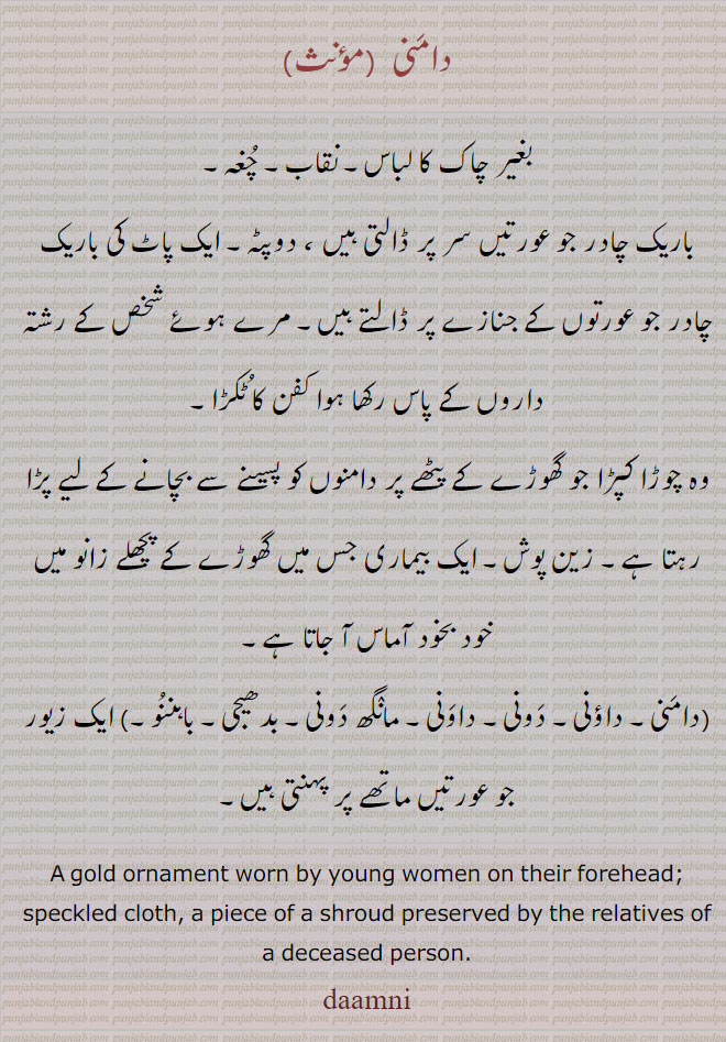   دامنی, داؤنی, دونی, داونی, مانگھ ددونی,بدھیجی,ماگدونی ,ماگ دونی,باہننو,,daamani, damni, damani, daauni, dauni, ਦਾਉਣੀ,ਦੌਣੀ,  gold ornament worn by women on their forehead. speckled cloth. زین پوش، کپڑا جو گھوڑے کے پچھلے زانو پر۔باریک چادر۔ دوپٹہ۔ چوڑا کپڑا۔ گھوڑے پر۔ایک پاٹ کی چادر جنازے پر