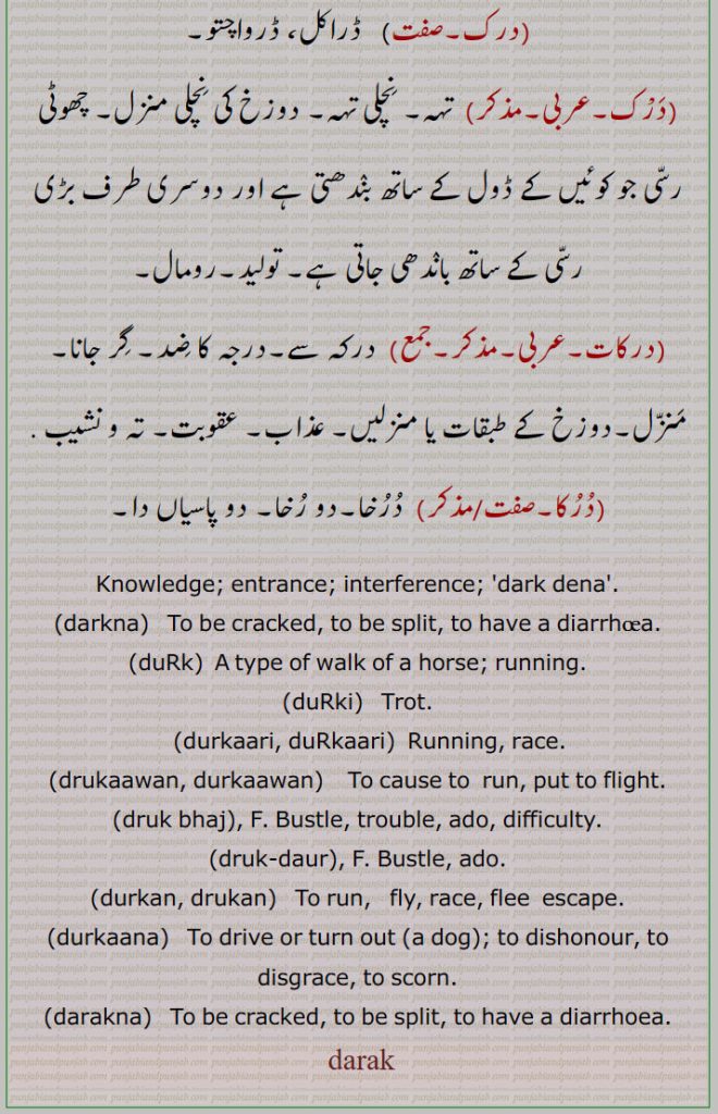      درک ,وسیلہ, درک لڑانا,درک دینا,دخل دینا,درک کرنا,درک نکلنا,درک ہوون,درک ہوونا,درکنا,پھٹنا,تریڑآنا, دست لگنا,تڑقنا, بال پڑنا, چھاتی درکنا,چٹخنا, تڑکنا,درکان,درکانا,درکینا,درکنا,درکنا,درکن, درکاری,دوڑنا, بھجاونا,درُکانا,درکاونا,درکواون,درکوان,درکان,درکاون,درکاون,درکیون,دڑیون,سیون, بھجیون,درکاری,درکی, دڑکی,درکین, درکیون,درک بھج,درکنا,درکار,  پھٹکار,دھتکار,درکار سٹنا, دتکارنا,دور کرنا,در در, کتے کے ہٹانا,درکارنا,درکارن,درکان,درکانا,درکنا,درکن,درکارن,درکاری,درکار,درکار ہوون,درک,درک,درکات,درکا,درک , darak,durk,  ਦਰਕ, darakna,ਦਰਕਣਾ,durkaana, ਦੁਰਕਾਨਾ ,durkan, drukan, druk-daur, druk bhaj, drukaawan, durkaawan, durkaari, durkaari, durki, durk, darkna, darak, dark, durk,  ਦਰਕ, dark, darak, durak, daruk, ਦੁਰਕ, ਦਰੁਕ,  knowledge, to be cracked. entrance. to be split. trot. race. bustle. ado. fly. escape. scorn.