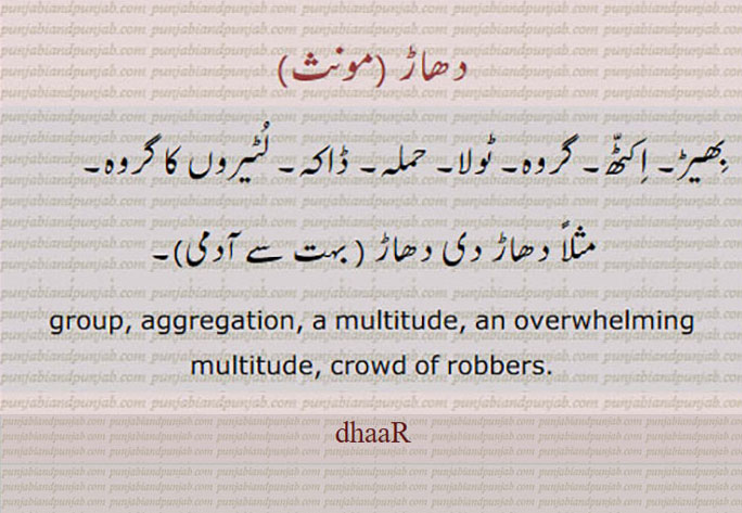  dhaaR,دھاڑ , dhaR , group, aggregation, multitude, robbers, roar   ਧਾੜਨਾ, ਧਾੜ  دھاڑنا۔شیر کا گرجنا۔ چیخ وپکار۔ ۔ حملہ۔ ڈاکہ۔ اکٹھ۔ ٹولا۔ بھیڑ