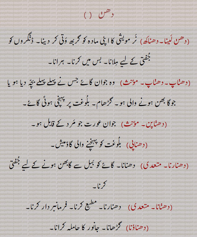  ,دھنائی,دھنائی,دھننا,دھنوال, دھنوال,دھن والا,دھنوانا,دھنیننجنا,دھنیننجنا,دھنیننجنا,دھنیننجنا,دھنیسی,دھنینا,دھںیونا,,دھن لینا,دھناکھ,دھناپ,دھناپ,دھناپن,دھناپی,دھنارنا,دھنانا,دھناؤنا,dhan, dhanlaina, dhanna, ਧਣਨਾ, ਧਨਣਾ, dhanaauna, ਧਣਾਉਣਾ, dhanaap, ਧਨਾਪ,  گڑھام۔ بلوغت کو پہنچی گائے۔دھنارنا۔ مطیع کرنا۔ فرمانبردار کرنا۔ گڑھانا۔ جانور حاملہ۔ چھیڑو۔ پالی۔ واگی۔ گلہ بان۔ چرواہا۔ گڈریا۔ دھنانا۔ گھڑوانا۔ دھںا۔گابھن ہونا۔ دھنے۔ دھننا۔ دھنانا۔dhan laina. dhanna. dhani jaana. dhanakh. dhanauna. dhanap. to mate. cross. impregnate. to subdue. to be copulated. arrived at the age of maturity 