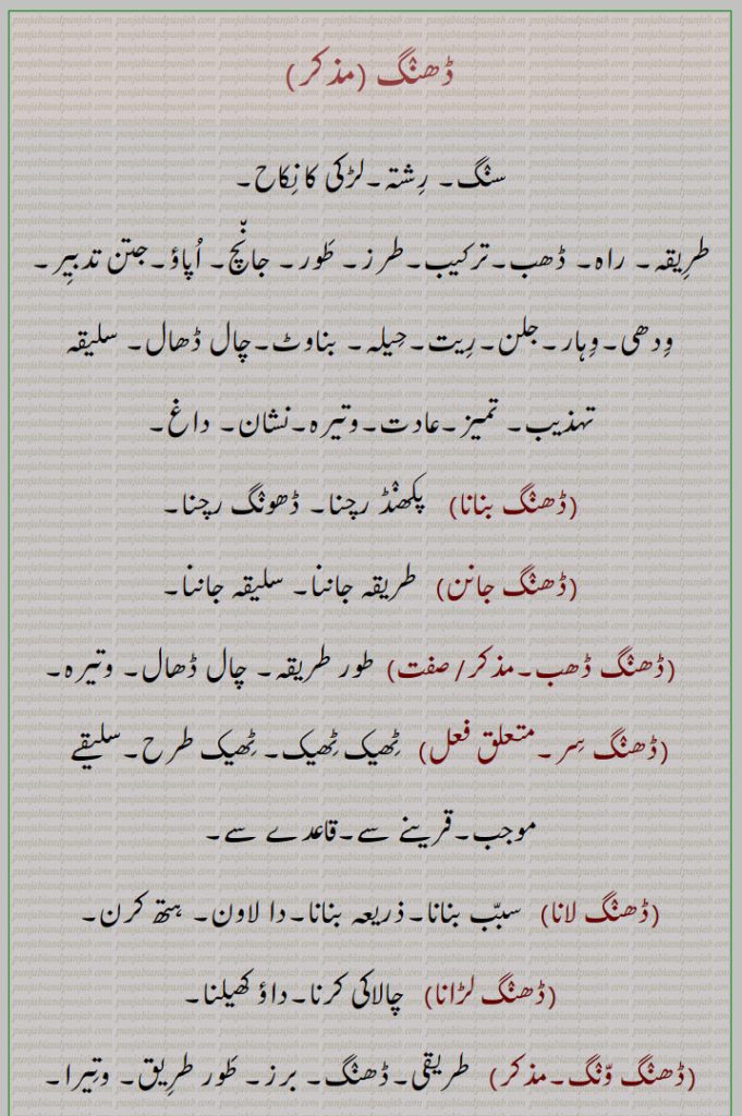 ڈھنگ,ڈھنگ بنانا,ڈھنگ جانن,ڈھنگ ڈھب,ڈھنگ سر,ڈھنگ لانا,ڈھنگ لڑانا,ڈھنگ ونگ,ڈھنگا,ڈھنکا بنانا, ڈھنگا جوڑنا,ڈھنگا مارنا,ڈھنگن,ڈھنگی,ڈھنگ لانا,ڈھنگ,ڈہنگ,ڈھنگ دا,ڈھنگا پانا,ڈھنگا پینا,ڈھنگ چھڈنا,ڈھنگ سوارتھ,ڈھنگنا,ڈھنگن,ڈھنگوں ڈھاہوں لاہ دینا,ڈھنگوان,ڈھنگواون, لمڈھنگ, ایک دریائی پرندہ,Behaviour, conduct, mode, manner, method, way; frame, mould; marriage or other festival or joyful occasion,
 mode, manner, method; a rope nsed for tying the back legs of cows or buffaloes while being milked, hobble,DhaNg waNg,DhaNga, ਢੰਗਾ,DhaNge laune,DhaNgna,ਢੰਗਣਾ,DhiNg, ਢੀਂਗ,birds,lamDhiNg,
ڈھنگ , DhaNg, ਢੰਗ,,