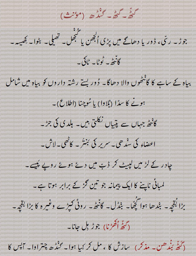گٹّھ۔گٹھ۔ گنٛڈھ  
جوڑ۔ رسّی، ڈور یا دھاگے میں پڑی اُلجھن یا گُنٛجھل۔ تھیلی۔ بٹوا۔ کِھیسہ۔ گان٘ٹھ۔ ٹوٹا۔ ٹاکی۔
بیاہ کے ساہے کا گانٛٹھوں والا دھاگا۔ دُور بستے رشتہ داروں کو بیاہ میں شامل ہونے کا سدّا بُلاوا یا سُوچنا اطلاع۔
گانٛٹھ جہاں سے پتٖیاں نکلتی ہیں۔ ہلدی کی جڑ۔
 اعضاء کی سنٛدھی۔سریر کی بَنتَر۔ کاٹھی۔لاش۔
چادر کے لڑ میں لپیٹ کر ڈبّ میں دئے ہوئے روپے پَیسے۔
لمبائی ناپنے کا ایک پیمانہ جو تین گز کے برابر ہوتا ہے۔
بڑا بُقچہ۔ بنٛدھا ہوا گُچّھا۔ بنٛڈل۔ گان٘ٹھ۔ روئی کپڑے وغیرہ کا بڑا بقچہ۔
گٹّھ اُکھڑنا  جوڑ ہِل جانا۔
  گَٹّھ بَنْدھن۔    سازش کا ، مل کر کِیا ہوا۔ گنٛڈھ چِتراوا۔ آپس کا میل مِلاپ۔