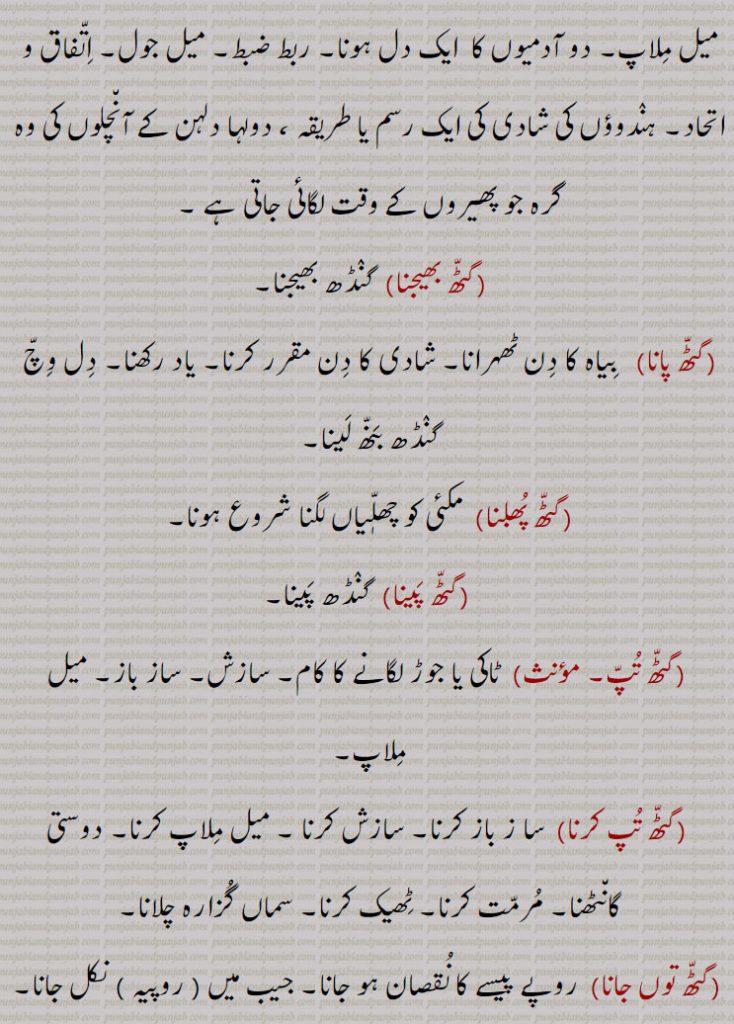 دو آدمیوں کا  ایک دل ہونا۔ ربط ضبط۔ میل جول۔ اِتّفاق و اتحاد۔ ہنٛدوؤں کی شادی کی ایک رسم یا طریقہ ، دولہا دلہن کے آن٘چلوں کی وہ گرہ جو پھیروں کے وقت لگائی جاتی ہے ۔
گٹّھ بھیجنا  گنٛڈھ بھیجنا۔
گٹّھ پانا   بِیاہ کا دِن ٹھہرانا۔ شادی کا دِن مقرر کرنا۔ یاد رکھنا۔ دِل وِچّ گنٛڈھ بَنّھ لَینا۔
گٹّھ پُھڸنا  مکئی کو چھلّٖیاں لگنا شروع ہونا۔
 گٹّھ پَینا  گنٛڈھ پَینا۔
 گٹّھ تُپّ۔   ٹاکی یا جوڑ لگانے کا کام۔ سازش۔ ساز باز۔ میل مِلاپ۔
 گٹّھ تُپ کرنا  سا ز باز کرنا۔ سازش کرنا ۔ میل مِلاپ کرنا۔ دوستی گان٘ٹھنا۔ مُرمّت کرنا۔ ٹِھیک کرنا۔ سماں گُزارہ چلانا۔
 گٹّھ توں جانا  روپے پیسے کا نُقصان ہو جانا۔ جیب میں  روپیہ  نکل جانا۔
گَٹّھ جوڑ۔  