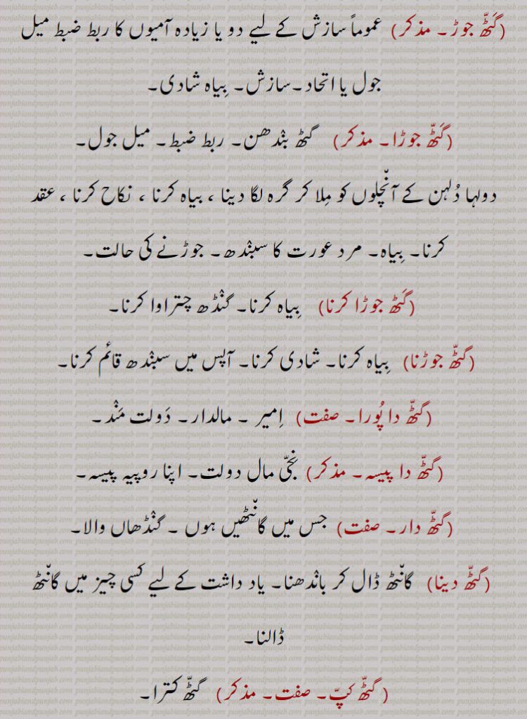 عموماً سازش کے لیے دو یا زیادہ آمیوں کا ربط ضبط میل جول یا اتحاد۔سازش۔ بِیاہ شادی۔
گَٹّھ جوڑا۔     گٹھ بنٛدھن۔ ربط ضبط۔ میل جول۔
دولہا دُلہن کے آن٘چلوں کو مِلا کر گرہ لگا دینا ، بیاہ کرنا ،  نکاح کرنا ، عقد کرنا۔ بِیاہ۔ مرد عورت کا سبنٛدھ۔ جوڑنے کی حالت۔
 گَٹھ جوڑا کرنا    بِیاہ کرنا۔ گنٛڈھ چتراوا کرنا۔
گٹّھ جوڑنا   بِیاہ کرنا۔ شادی کرنا۔ آپس میں سبنٛدھ قائم کرنا۔ 
 گٹّھ دا پُورا۔    اِمیر ۔ مالدار۔ دَولت مَنٛد۔
  گٹّھ دا پیسہ۔   نِجّی مال دولت۔ اپنا روپیہ پیسہ۔
 گٹّھ دار۔   جس میں گان٘ٹھیں ہوں ۔ گنٛڈھاں والا۔
 گٹّھ دینا   گان٘ٹھ ڈال کر بانٛدھنا۔ یاد داشت کے لیے کسی چیز میں گان٘ٹھ ڈالنا۔
 گٹّھ کپّ۔     گٹّھ کترا۔