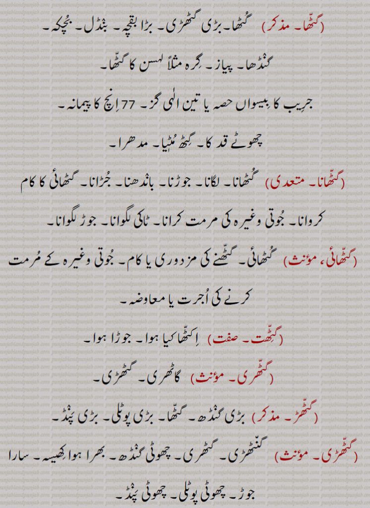 
گٹّھ لَینا    گنٛڈھ لینا۔
 گٹّھا۔     گُٹھا۔بڑی گٹھڑی۔ بڑا بقچہ۔ بنٛڈل۔ بُچکہ۔
گنٛڈھا۔ پیاز۔ گِرہ مثلاً لہسن کا گٹّھا۔
جرِیب کا بِیسواں حصہ یا تین الٰہی گز۔ 77 اِنچ کا پیمانہ۔
چھوٹے قد کا۔ گِٹھ مُٹٖیا۔ مدھرا۔
 گٹّھانا۔   گُٹھانا۔ لگانا۔ جوڑنا۔ بانٛدھنا۔ جُڑانا۔ گٹھائی کا کام کروانا۔ جُوتی وغیرہ کی مرمت کرانا۔ ٹاکی لگوانا۔ جوڑ لگوانا۔
 گٹّھائی،    گُٹھائی۔ گٹّھنے کی مزدوری یا کام۔ جُوتی وغیرہ کے مُرمت کرنے کی اُجرت یا معاوضہ۔
 گٹِّھت۔    اِکٹّھا کیا ہوا۔ جوڑا ہوا۔
 گٹّھری۔    گاٹھری۔ گٹھڑی۔
گٹّھڑ۔   بڑی گنٛڈھ۔ گٹّھا۔ بڑی پوٹلی۔ بڑی پَنٛڈ۔
 گٹّھڑی۔     گن٘ٹھڑی۔ گٹھری۔ چھوٹی گنٛڈھ۔ بھرا ہوا کِھیسہ۔ سارا جوڑ۔ چھوٹی پوٹلی۔ چھوٹی پَنٛڈ