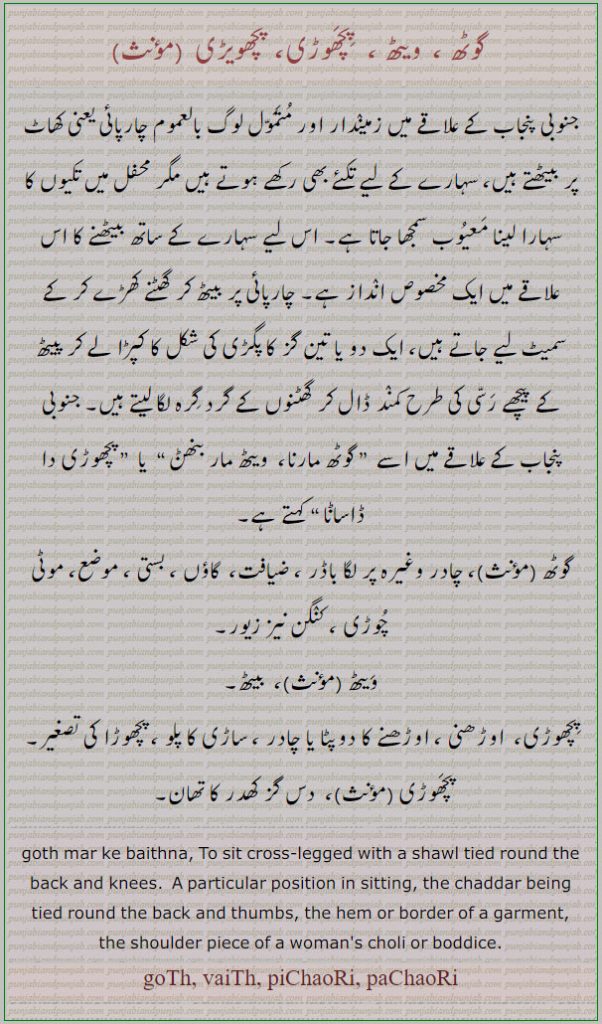 "گوٹھ, ویٹھ, پچھوڑی,ਗੋਠ,goth, vaith, pichaori, pachaori, بیٹھنے کا انداز۔ گوٹھ مارنا۔ ویٹھ مار بنھن۔ پچھوڑی دا ڈاسانا۔ ڈھاسنا۔ باڈر لگی چادر۔ ضیافت۔ بستی۔ موضع۔ موٹی چوڑی۔ کنگن۔ زیور۔ بیٹھاوڑھنی۔ پچھوڑی۔ ساڑی کا پلو۔ دس گز کھدر کا تھان۔, to sit cross legged shawl tied the back and knees. hem . border off garment. choli boddice.
