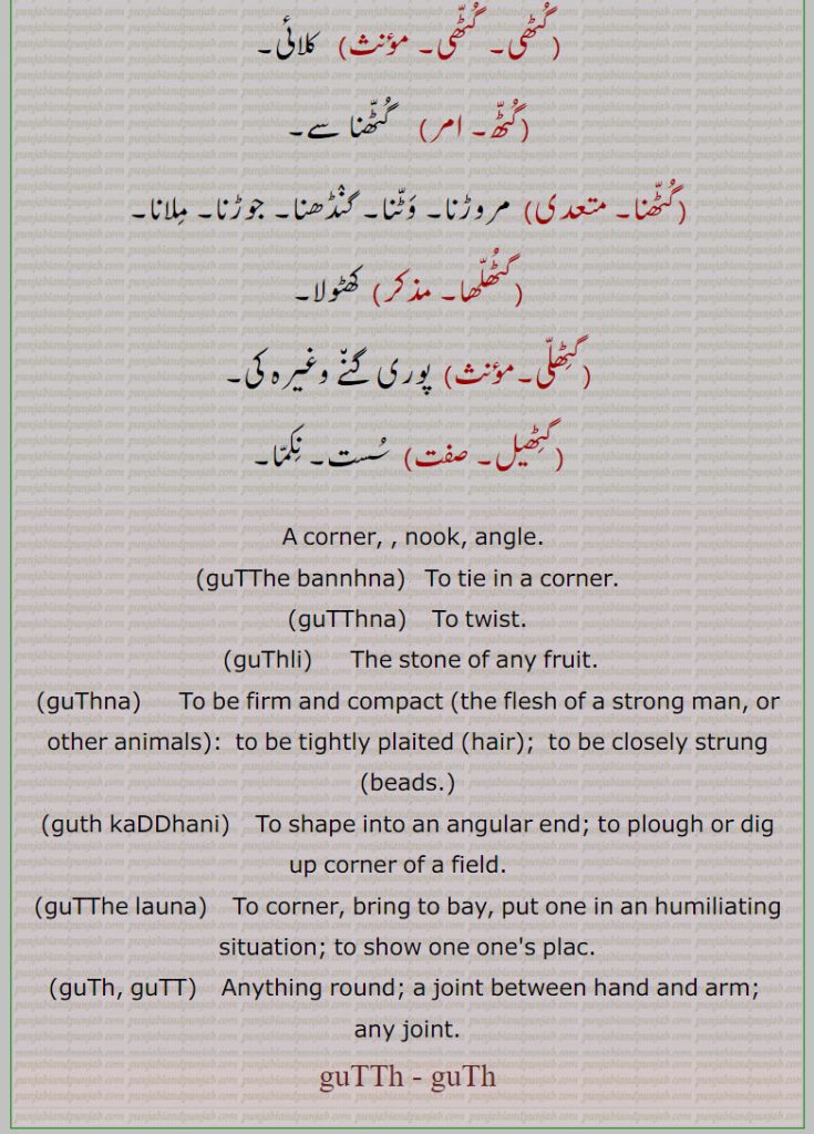 طرف۔ پاسا۔ زمین۔ کونا۔ مغرب۔ دکھن۔ مشرق۔ گوشہ۔ کھونجا۔ بچکہ۔ پیاز۔ لہسن کا گٹھا۔ الہی گز۔ جریب کا بیسواں۔ گٹھ مٹیا۔ مدھرا۔ کھیت کے کونے میں ہل۔ زاویہ کی شکل۔ کسی کو حیثیت دکھانا۔ مضبوطی۔ جوڑنا۔ جوتی مرمت۔ گوڈا۔ گہنے گٹھڑے زیور۔ پھل کی گٹک۔ کھونجے ولا۔ نکر والا۔ کلائی۔ گٹ۔مروڑنا۔ جوڑنا۔ کھٹولا۔ بنے کی پوری۔ سست۔ نکما۔, corner. nook, angle. twist. stone of any fruit. beads. closely strung.plough. dig.up corner. of field, show one ones place. anything round. any joint.