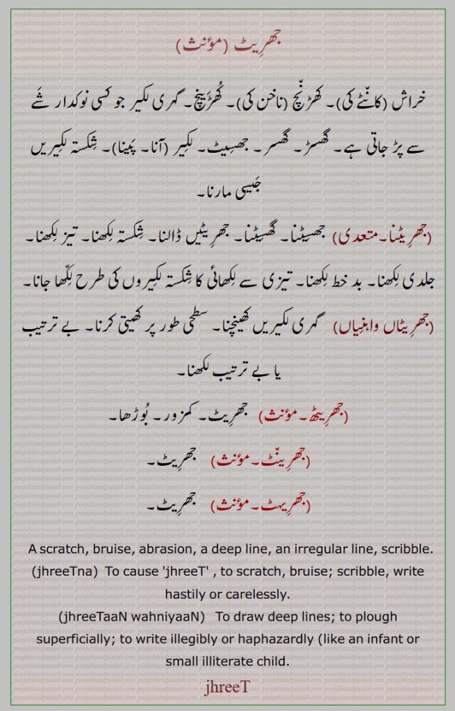 جھریٹ,خراش , کھڑنچ , کھڑینچ, گہری لکیر , گھسڑ, گھسر, جھسیٹ, شکستہ لکیر,جھریٹنا, جھسیٹنا, گھسیٹنا, جھریٹیں ڈالنا, شکستہ لکھنا, تیز لکھنا, جلدی لکھنا,جھریٹاں واہنیاں,بے ترتیب,جھریٹھ,جھرینٹ,جھریہٹ,  A scratch, bruise, abrasion, a deep line, an irregular line, scribble,jhreeTna,jhreeTaaN wahniyaaN,  To draw deep lines, jhreeT,ਝਰੀਟ, ਝਰੀਟਣਾ , ਝਰੀਟਾਂ ਵਾਰੁਣੀਆਂ