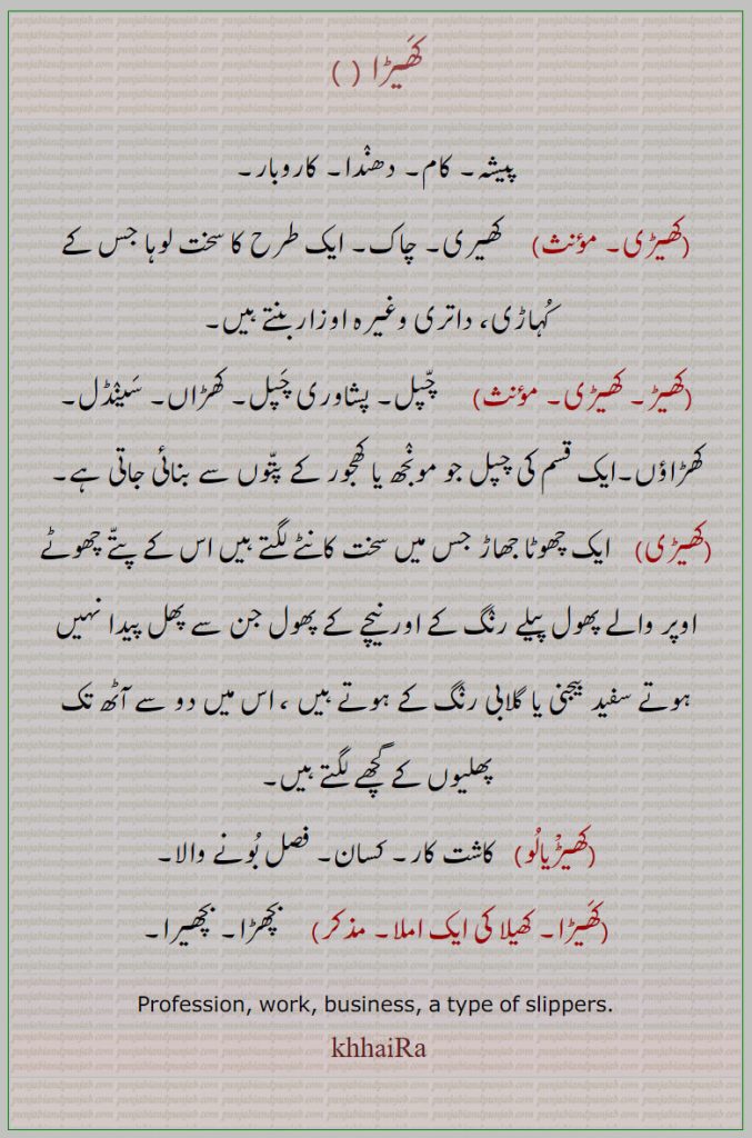  ,کھیڑی,کھیڑ, کھیڑی,کھیڑی,کھیڑیالو,کھیڑا,کھیلا ,khhera,ਖੇੜਾ, khheri, ਖੇੜੀ, khher, ਖੇੜ,khhaahra, ਖਾਹੜਾ, khhera, ਖੇਡ਼ਾ, khheR,  khheeR, کھیڑ, کھیڑا,khheR, khheRa,کھیڑا, کھیڑنا, کھیڑنا,  
پیچہ۔ دھندا۔ کاروبار۔ چاک۔ سخت لوہا۔  چپل۔ پچاوری چپل۔ کھڑاں۔ سینڈل۔ کھڑاؤں۔ مونجھ یا کجھور کے پتوں کی چپل۔ جھاڑ جس میں کانٹے اور پیلے پھول ۔ کاشت کار۔ کسان۔ ۔ بچھڑا۔ بچھیرا۔ profession. work. business. type of slippers. khhaira. kh