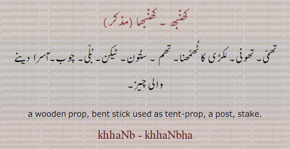 کھنبھا۔ تھمی۔ تھوئی۔ ٹھمھنا۔ تھ۔ ستون۔ ٹیکن۔ بلی۔ چوب۔ آسرا ۔, wooden prop. bent stick. tent prop, post. stake