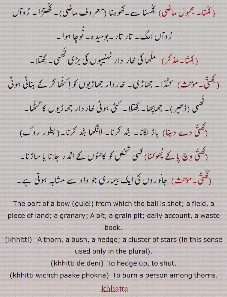 کھتا,کھیت, کھاتا,کھاتہ,کھتی,کھتی دے دینا,کھتی وچ پا کے پھوکنا, , کھتا,کھتہ, khhatta  ,ਖਾੱਤਾ , khhitti,  ਖਿੱਤੀ, khhitti wichch paake phokna, khhitti de deni,, part of bow. gulel. field. piece of land. granary. pit. daily account. waste bool. thorn. bush. hedge. burn a person among thorns. 