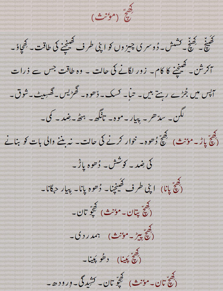    کھچ,کھچ پاڑ,کھچ پانا,کھچ پتان,کھچ پیڑ,کھچ پینا,کھچ تان,کھچ دھروہ, کھچ دھوہ, دھوہ گھسیٹ,کھچ کلی,کھچ کھچا,کھچ ہونا,کھچا,کھچا تان,  کھچو تان, کھچا کھچی, کھچانا,کھچاوٹ,کھچاؤ,کھچائی,کھچن,کھچنا, کھچواں,کھچوانا,کھچواؤنا,کھچاؤنا,کھچوائی,کھچوتان,کھچو,دھرو گھِسیٹ,کھچ دھرو,کھچوتان,کھچو کھچی, کھچولا,کھچی, کھچی مارنا, کھچے  کھچے, کھچے  کھچے پھرنا, کھچیا رہنا۔ کھچیا کھچیا رہنا,,