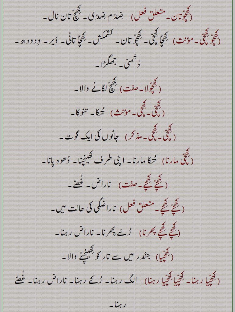 

  کشش۔ کھینچ۔ کھنچ۔ سور لگانے۔ کھچاؤ۔ کھینچنے کا کام آکرشن۔ لگن۔ سدھر۔ پیار۔ خوار۔۔ کوشش۔ دھوہ پاڑ۔ پیار جگانا۔ کھچو تان۔ ہمدردی۔دھو پینا۔ کھچ دھو۔ دھوہ گھسیٹ۔ لڑائی۔ شور و غوغا۔ کھڑکھلی۔ کھلی۔ کلکلی۔ ٹھٹھا۔ طنزیہ ہاسا۔ تناؤ۔ کھچا کھچی۔ ورودھ۔ ویر۔ دشمنی۔ کساؤ۔ موہ۔ کشیدگی۔کس۔ بھبکے سے عرق نکالنا۔ گھڑیسنا۔ گھسیٹنا۔ ڈھوہنا۔ پسارنا۔ لاہنا۔ واہنا۔ کھوہ لینا۔ دل۔ من موہن والا۔ کھنچ تنی۔ کشیدگی۔ رنجش۔ ضدم ضدی۔ تنکا۔ تنوکا۔ جندر میں سے تار کو۔ الگ رہنا۔ ناراض رہنا۔ غصے میں۔