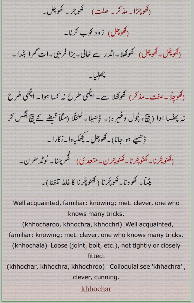Well acquainted, familiar, knowing,clever,khhocharoo, khhochra, khhochri,khhochala,Loose,khhochar, khhochra, khhochroo, cunning, khhochar, ਖੋਚਰ, ਖੋਚਰੂ, khhochar, khhochra, khhochroo,  ਖੋਚਰਾ, ਖੋਚਰੂ, khhochala, ਖੋਚਲ਼ਾ,,  