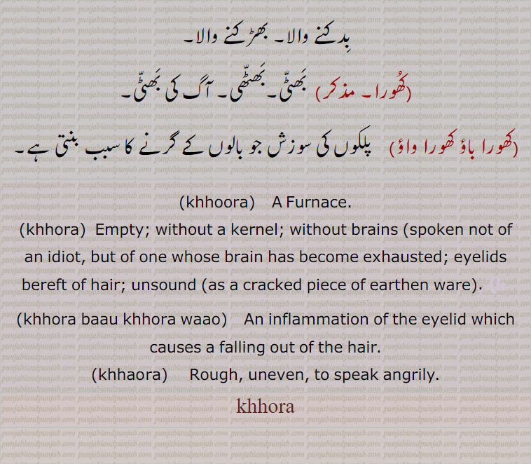 کھورا ,khhoora, ਖੋਰਾ ,,khhora,khhaora,  ਖੂਰਾ ,
erosion, corrosion, suffix meaning eating, furnace. empty. without brain or kernel. eyelids bereft of hair. unsound. inflammetion eyelid. rough. uneven. speak angrily