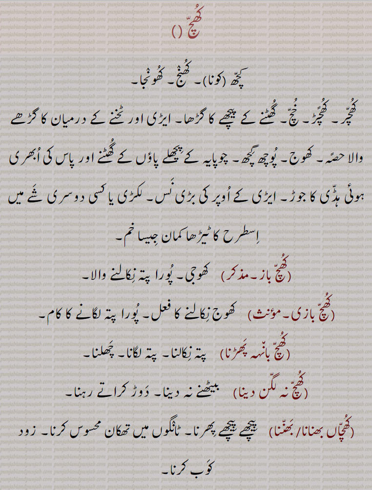      کھچ, کچھ ,کونا,کھنج, کھونجا,  کھچر,کھچڑ, خچ,کھچ باز,کھچ بازی,کھچ بانہہ پھڑنا,کھچ نہ لگن دینا,کھچاں بھنانا ,کھچاں بھننا,کھچاں کڈھنا,کھچاں کڈھ دینا,کھچاں مرانا,کھچاں مرانی, گالی,کھچاں نکل جانا,وکھچر,کھچل, کھچیں,کھچی, گھٹنے کا گڑھا۔ ٹخنے کا گڑھا۔ لھوج۔ پوچھ گچھ۔ چوپایہ کے گھٹنے ہصی ابھری جوڑ۔ ایڑی نس۔ ٹیڑھا کمان خم۔ کھوجی۔ پتا لگانا۔ چھلنا۔ دوڑ کراتے رہنا۔ ٹانگوں میں تھکان۔ خمیدہ ہونا۔ سفر سے ٹانگوں میں تھکان۔ مجامعت کروانا۔ گالی۔ زناکار۔ دوڑ دھوپ کرنا۔ کھچیں نکلی ہونا۔ تیز چلنا۔ راجپوت کا قبیلہ۔ ڈھیلا ڈھیلا چلنا۔

     کھچ, کچھ ,کونا,کھنج, کھونجا,  کھچر,کھچڑ, خچ,کھچ باز,کھچ بازی,کھچ بانہہ پھڑنا,کھچ نہ لگن دینا,کھچاں بھنانا ,کھچاں بھننا,کھچاں کڈھنا,کھچاں کڈھ دینا,کھچاں مرانا,کھچاں مرانی, گالی,کھچاں نکل جانا,وکھچر,کھچل, کھچیں,کھچی, گھٹنے کا گڑھا۔ ٹخنے کا گڑھا۔کھوج۔ پوچھ گچھ۔ چوپایہ 





