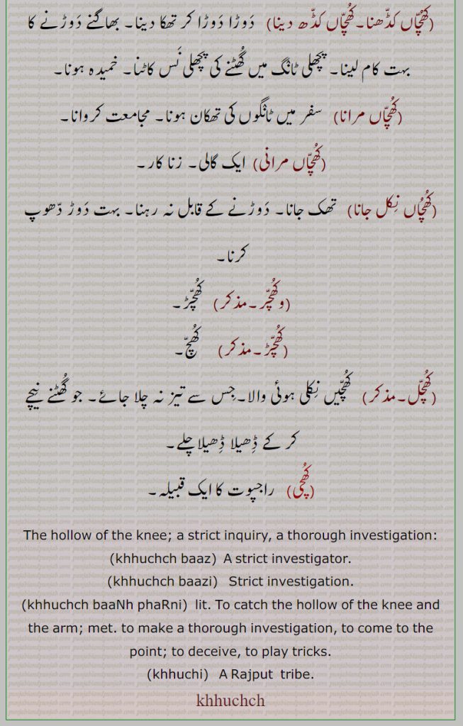 ,khhuchch,khuch   , ਖੁੱਚ , khhuchi,   ਖੂਚੀ, khhuchch baaz, khhuchch baazi, khhuchch baanh pharni,hollow of knee. strict inquiry, strict investigator. to deceive. rajput tribe. play tricks. come to the point.,  
