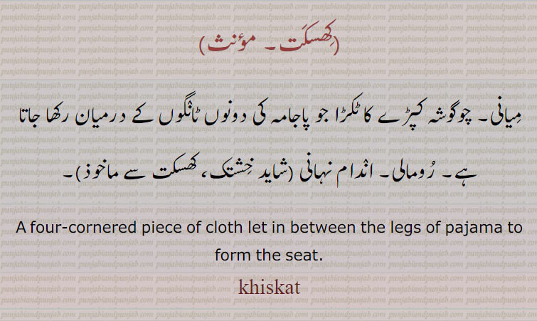 four ccornered pice of cloth lega of pajama to form seat. میانی۔ چوگوشہ کپڑا۔  پاجامہ کی دونوں ٹانگوں کے درمیان۔ رومالی۔ سرم گاہ۔ خشتک۔ کھسکت۔ خشکت