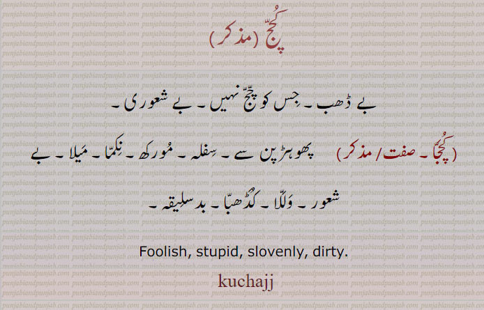  کچج,kuchajja,kuchajj,ਕੁਚੱਜਾ، بے ڈھب۔ بے شعوری۔ بے شعور۔ کڈھبا۔ بد سلیقہ۔ مورکھ۔ نکما۔ میلا۔ پھوہڑپن۔ سفلہ۔ وللا۔ , foolish. stupid. slovenly. dirty.