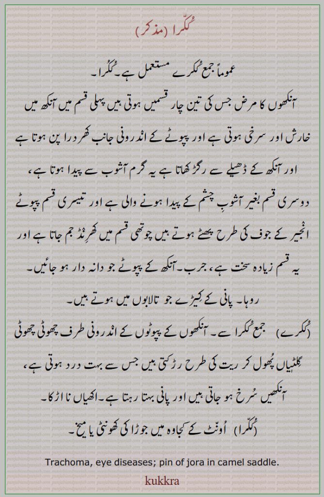 ککرا , ککرے ,  آنکھوں کا مرض, روہا, پانی کے کیڑے جو  تالابوں میں ہوتے ہیں,اکھیاں نا اڑکا,جوڑا کی کھونٹی یا میخ,Trachoma, eye diseases; pin of jora in camel saddle, ککرا , ککرے , kukkra,kukkre,ਕੁੱਕਰਾ, ਕੁੱਕਰੇ, ਰੋਹੇ, ਰੋਹਾ، آشوب چشم۔ گرم آشوب۔ اکھیاں نا اڑکا۔ اونٹ کے کجاوہ میں جوڑا کی کھونٹی یا میخ۔
