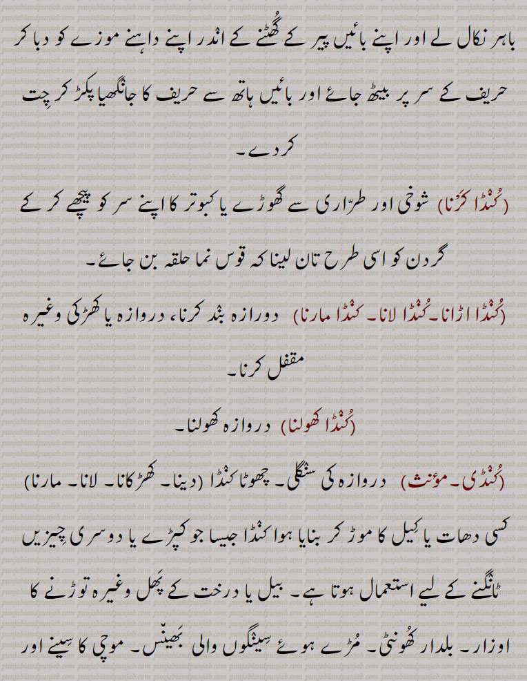  کنڈا , کنڈا کرنا,کنڈا اڑانا,کنڈا لانا,  کنڈا مارنا, کنڈا کھولنا, کنڈی, سنگلی, چھوٹا  کنڈا , چھوٹا  کنڈ ، چھوٹا سا حوض, کنڈی سیخ,کنڈی سینخ,کنڈھی, کھنڈی, کنڈی, کنڈی لگنا, کنڈی وجنا, کنڈے بنھنا, کنڈے جندرے جڑنا,کنڈا , kunda,  ਕੁੰਡਾ, kundi, ਕੁੰਡੀ, کنڈی, 