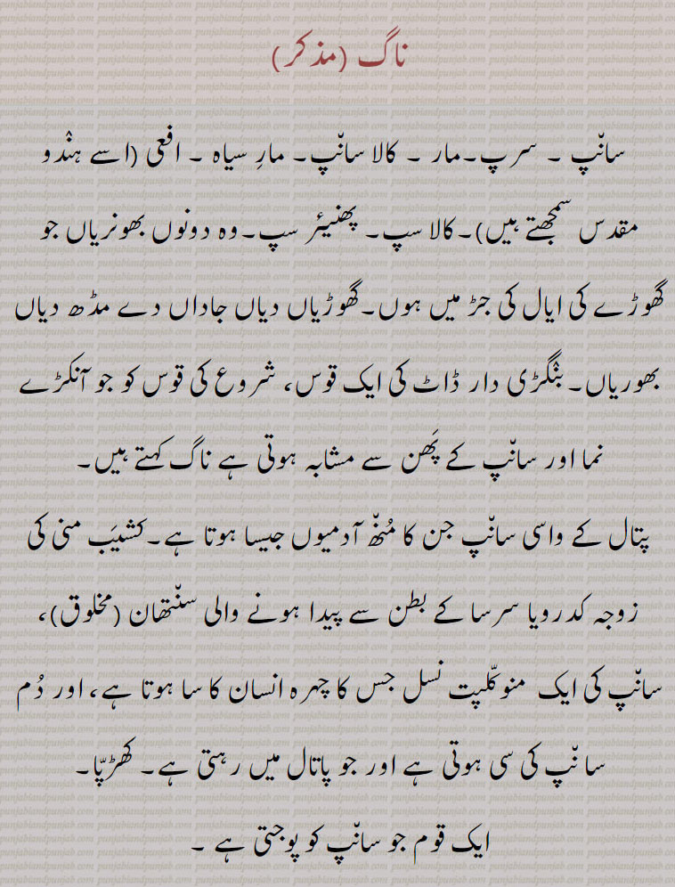  ناگ,  سانپ , سرپ,مار , کالا سانپ, مارِ سیاہ , افعی,کالا سپ, پھنیئر سپ, بھونریاں,بھوریاں,بنگڑی دار ڈاٹ,کشیب منی کی زوجہ کدرویا سرسا ,  منوکلپت نسل, کھڑپا,ہندو چوہڑوں,ہاتھی ، فیل ، پیل,ناگ بالا,ناگ بل,ناگ بلا,ناگ بیل,ناگ ویل,ناگ بندھو,ناگ پتری,ناگ پنجمی,ناگ پنچمیں,