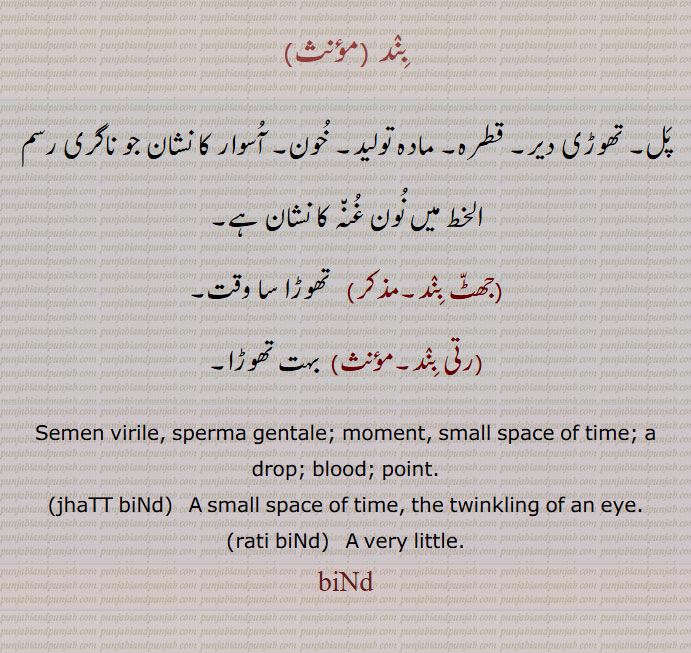 بِنٛد ۔پَل۔ تھوڑی دیر۔ قطرہ۔ مادہ تولید۔ خُون۔ آُسوار کا نشان جو ناگری رسم الخط میں نُون غُن٘ہ کا نشان ہے۔۔جھٹّ بِنٛد۔تھوڑا سا ۔وقت۔۔رتی بِنٛد۔ بہت تھوڑا۔۔۔Semen virile, sperma gentale; moment, small space of time; a drop; blood; point.۔jhaTT biNd۔   A small space of time, the twinkling of an eye.۔rati biNd۔  A very little.۔biNd , ਬਿੰਦ۔ بند۔