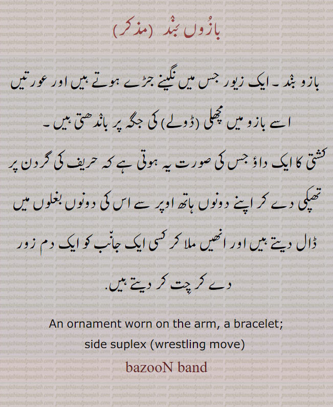 بازو بند,  مچھلی ڈولے پر پہننے باندھنے والا زیور۔ کشتی کا داؤ ۔ ، بازو پر پہننے والا کھوکھلا جو اندر سے خالی ہو حلقہ نما۔ کہنی کے اوپر پہننے والا زیور۔ جو کڑے یا کنگن جیسا ہوتا ہے ٹاڈ۔ ٹاڈاں۔