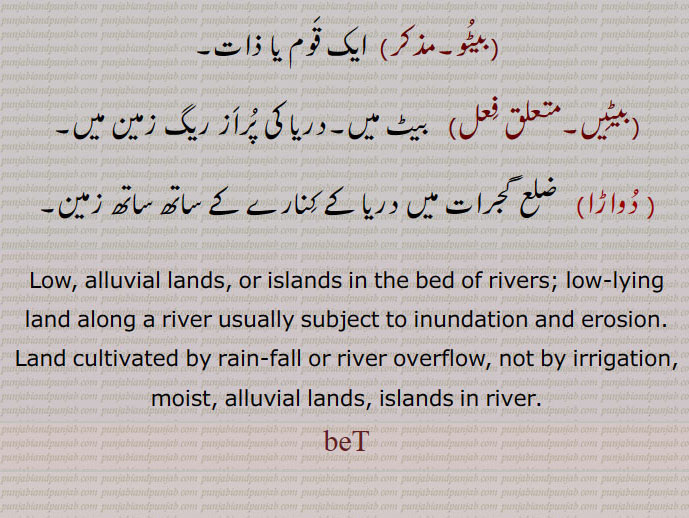 بیٹ , bet, ਬੇਟ,بیٹو,بیٹیں, دواڑا, low alluvial lands. islands in the bed of rivers. low lying. land slong a river usually subject to inundation and erosion. land cultivated by rain fall or river overflow. not by irrigation. moist. alluvial lands. islands in river
