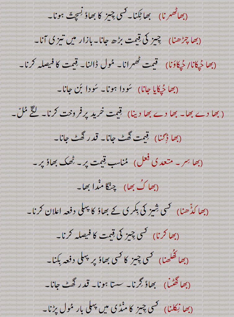 چیز کی قیمت بڑھ جانا۔ بازار میں تیزی آنا۔قیمت ٹھہرنا۔ مول ڈالنا۔ قیمت کا فیصلہ۔ قیمت گھٹ جانا۔ قدر گھٹ۔ مناسب قیمت۔ ٹھک بھاؤ۔ چنگا مندا بھا۔بھاؤ گرنا۔ سستا ہونا۔ بہت مہنگا۔ سودا نہ ہو سکنا۔مفت۔ بغیر قیمت  ٹھہرائے۔ قیمت کا چڑھ جانا۔ لابھ ہونا۔ لبھت ہونا۔ قیمت۔