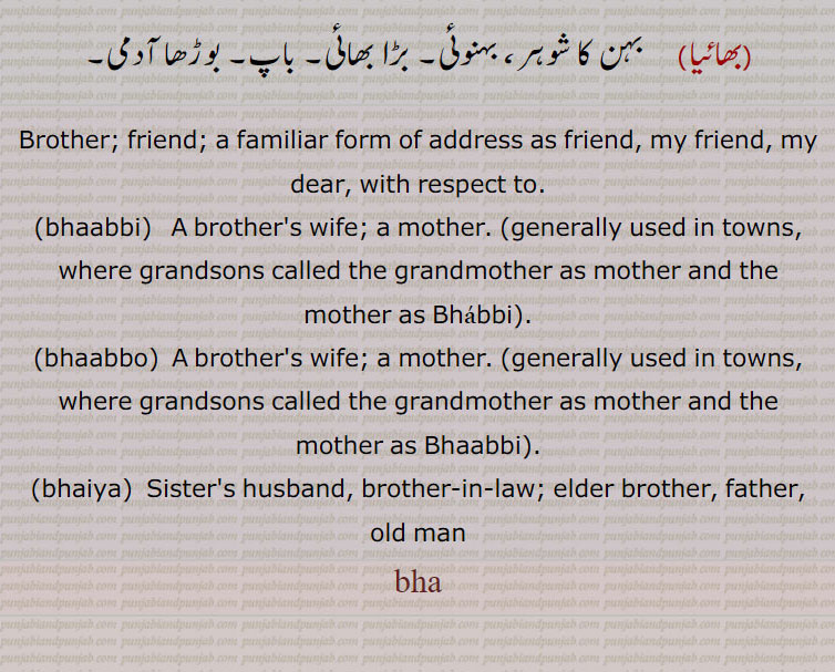 ਭਾ,  ਭਾਈ,ਭਾਈਆ , ਭਾਭੀ،ਭਾਪਾ، ਭਾਪਣ,brother. friend. familiar from of address as friend. my dear. with respect to. brothers wife. mother. bhaabbi. bhabi. bhabi. sisters husband. brother in law. old man. father.bha. ,A game of cards